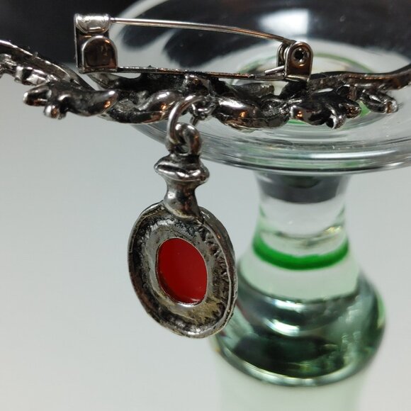 Antique Red Carnelian Stone Brooch or Hat Jewelry Silverplated in Bezel Setting - Picture 3 of 10
